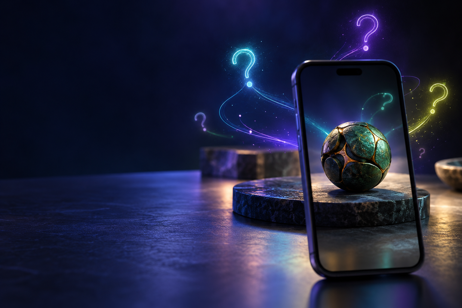 A smartphone camera points at a mysterious textured object while colorful glowing question trails suggest several possible follow-up questions.
